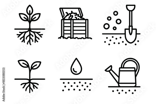 Minimalist Root System Icons. Root development concept linear icon set: plant root system, compost bin, fertilizer particles, shovel, seedling, droplet, soil layer, watering can