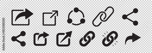 Share and link icons set collection of black glyphs for digital communication media platforms