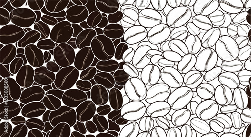 Two halves of a coffee bean graphic pattern presenting roasted and line art styles for beverage themed design