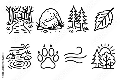 Forest Trail Icons. Forest Trail linear icon set: shaded walkway, mossy rock, tall trees, fallen leaf, creek ripple, wildlife track, forest breeze line, canopy glow