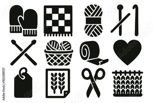 Brutalist Yarn Icons. DIY Yarn Creations silhouette icon set. mittens, blanket, yarn skein, hook, needles, basket, measuring tape, heart, handmade tag, pattern page, scissors