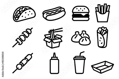Street Food Icons. Street food creations linear icon set: taco, hot dog, burger, fries, kebab, noodles, dumplings, wrap, skewer, sauce bottle, soda cup, paper tray