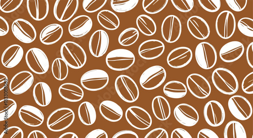 Coffee beans in a repeating pattern on a brown background suitable for food and beverage industry branding or packaging design