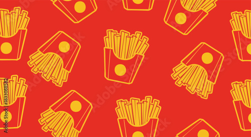 Golden french fries in paper boxes form a delicious seamless pattern on a vibrant red background for fast food themed vector illustration