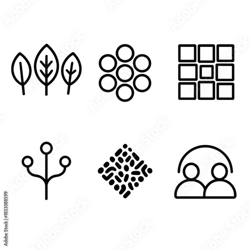 Diverse Leaf Icons. Diversity linear icon set: varied leaf shapes, open circle cluster, mosaic tile set, branching paths, unique pattern mark, shared harmony arc