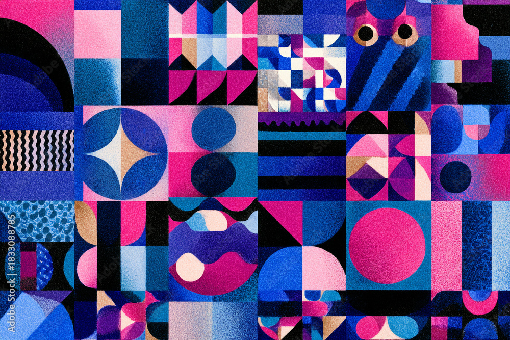 Obraz premium an abstract geometric mosaic pattern with bold shapes and textures in vibrant pink blue and purple