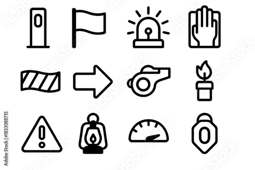 Safety Signaling Icons. Outdoor Safety Signaling Set linear icon set: reflective marker post, high-visibility flag, alert beacon light, hand signal card, boundary ribbon, guided