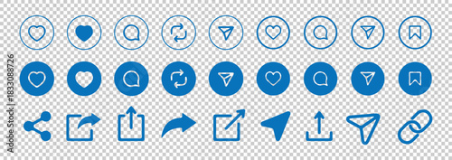 Social media icons set collection of blue and white glyphs for digital communication platforms