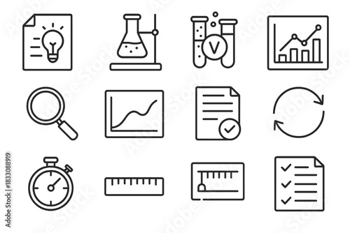 Scientific Research Icons. Scientific Research Process linear icon set: hypothesis paper, experiment setup, control group, variable icon, data chart, observation lens, result graph