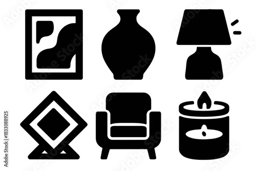 Brutalist Decor Icons. Inspired Decor silhouette icon set : abstract painting, ceramic vase, soft light, geometric frame, armchair, candle jar