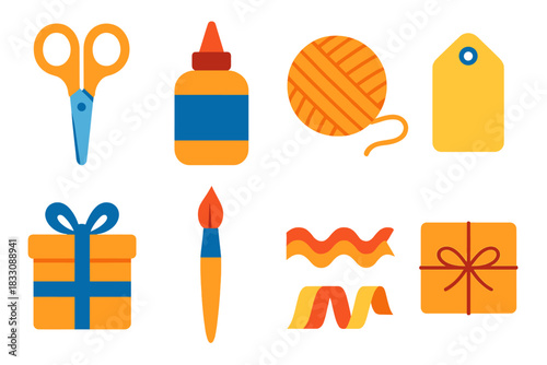 Crafting Essentials Icons. DIY Gift Set flat icon set: craft scissors, glue bottle, gift box, yarn ball, paper tag, paintbrush, decorative ribbon, small parcel