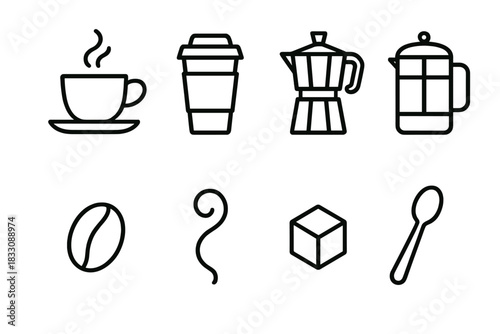 Coffee Life Icons. Coffee elements linear icon set: coffee cup, to-go cup, coffee bean, moka pot, french press, steam swirl, sugar cube, spoon