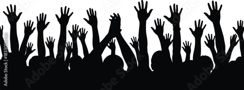 Crowd raising hands silhouette against white background arms