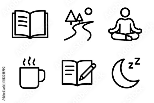 Mindful Lifestyle Icons. Mindful Digital Use Habits linear icon set: reading time, outdoor path, meditation pose, warm mug, journal page, rest symbol