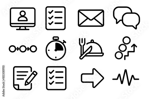 Workday Routine Icons. Workday Routine Icons linear icon set: login screen, task list, email inbox, meeting bubble, workflow bar, focus timer, lunch break icon, progress steps