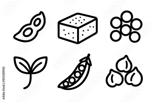 Plant Protein Icons. Plant-Based Protein linear icon set: soybeans, tofu block, lentils, chickpeas, green peas, sprout leaf