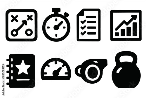 Bold Competitive Tools Icons. Competitive mindset tools silhouette icon set: strategy board, stopwatch, training plan, analytics chart, goal notebook, performance meter, whistle