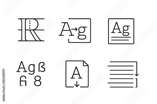 Typography Design Icons. Typography Essentials linear icon set: letter anatomy, kerning tool, type sample card, text alignment, character set, font download, leading adjustment