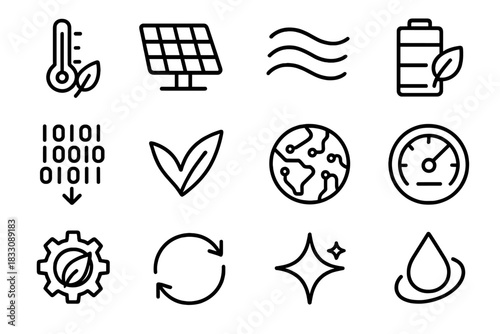 Eco Technology Icons. Environmental Technology Set linear icon set: eco sensor, renewable panel, wind icon, clean battery, green data stream, leaf tech mark, planet circuit