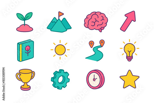 Growth Mindset Icons. Growth Mindset flat icons set. sprout, mountain, brain, arrow, notebook, sun, path, light bulb, trophy, gear, clock, star