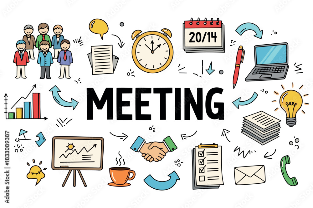 Fototapeta premium Colorful meeting concept with doodles of people, charts, clock, and office items