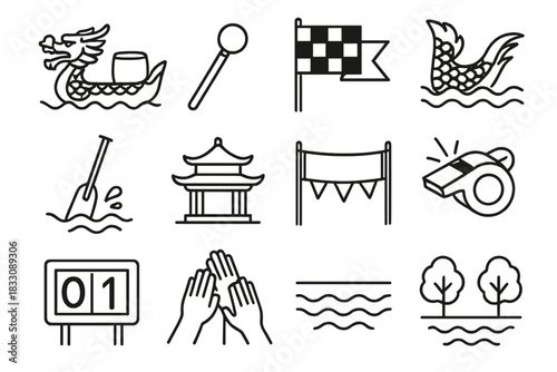 Dragon Boat Icons. Traditional Dragon Boating linear icon set. wooden boat, drumstick, racing line, dragon tail, paddle in water, temple symbol, water splash, competition banner