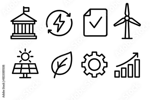 Renewable Energy Policy Icons. Sustainable Energy Policy linear icon set. government building, renewable energy icon, paper with checkmark, windmill, solar rays, eco leaf, gear