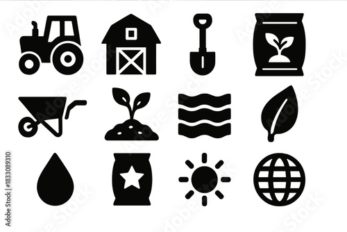 Bold Farming Icons. Agricultural Organic Farming silhouette icon set. tractor, barn, shovel, seed bag, wheelbarrow, plant, soil layers, leaf, water droplet, fertilizer bag, sun