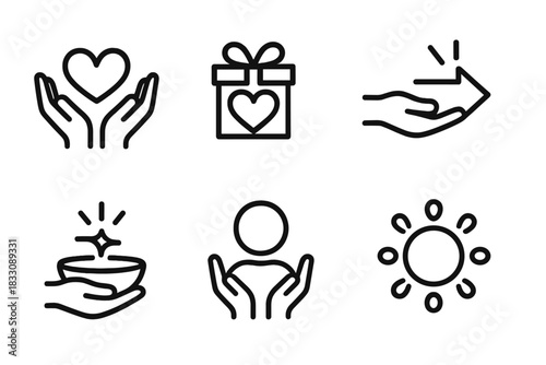 Symbols of Generosity. General Generosity linear icon set: open hands, heart gift, giving arrow, shared spark, offering bowl, warm glow, kindness circle, contribution dot