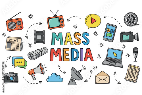 Mass media elements: television, radio, internet, print, and communication icons