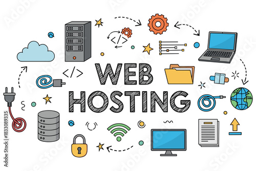 Web hosting concept with computers and network icons