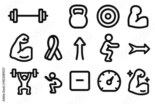Strength Training Icons. Strength Fitness Icons linear icon set: barbell, kettlebell, weighted plate, flexed arm icon, resistance band, squat stance, core icon, strength arrow