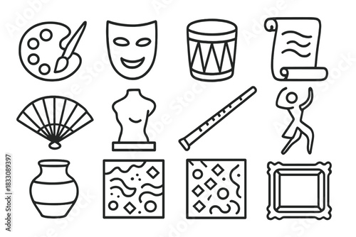 Creative Icons Collection. World Creativity linear icon set: palette, brush, mask, drum, scroll, fan, sculpture, flute, dancer, pottery, pattern, frame