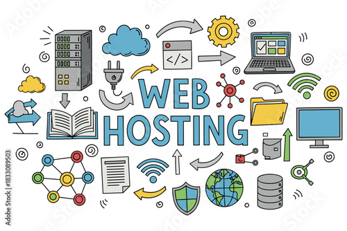 Web hosting concept with server, cloud, laptop, and security icons