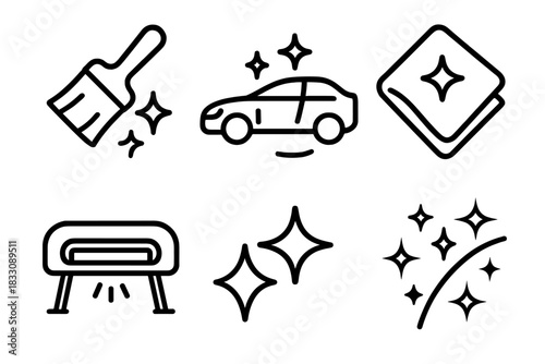 Glossy Icon Set. Gloss Finish linear icon set. brush, clear coat, polishing cloth, UV lamp, sparkle, shine line