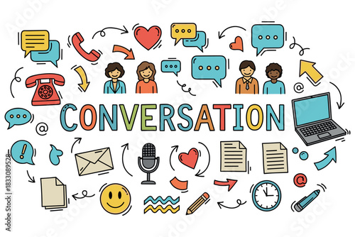 Diverse communication and networking: speech bubbles, technology, caucasian and african illustrations