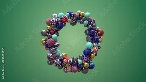 Christmas balls tinsel wreath garland waving on the wind with alpha channel. Celebration New Year. 3D animation