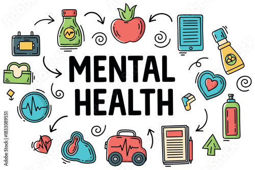 Mental health concept with symbols of wellness, fitness, and mindfulness