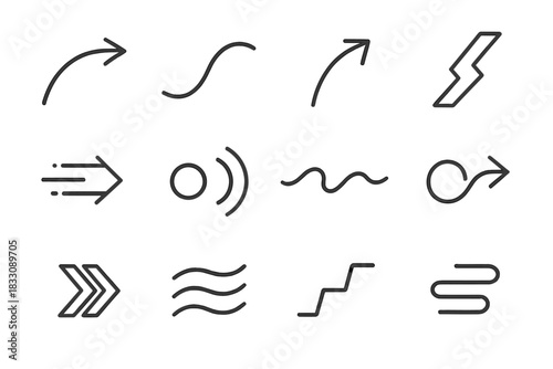 Dynamic Motion Icons. Movement Elements linear icon set: dynamic arrow sweep, flowing curve line, momentum arc, shifting path stripe, glide motion symbol, pulse stride bead