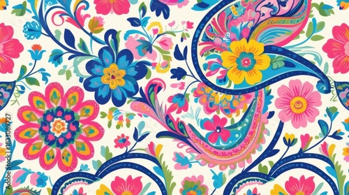 Vibrant Floral Paisley: An exquisite illustration showcases an intricate tapestry of colorful paisley and floral patterns. With a symphony of vibrant hues and delicate motifs.