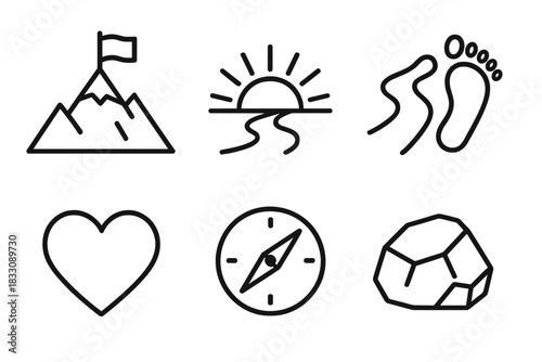 Journey of Resilience Icons. Resilience Journey linear icon set: mountain peak, flag, sunrise, pathway, footprints, heart, compass, rock