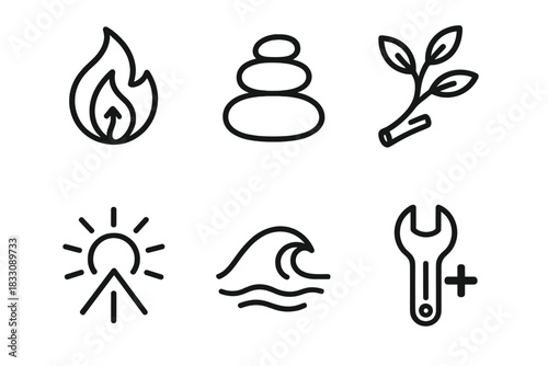 Renewal Icons Collection. Restoration & Renewal Themes linear icon set: renewal flame, balanced rock stack, revived branch, light ray, calm wave, repair tool