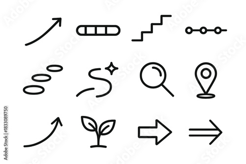 Icons of Progress. Steady Progress linear icon set: rising arrow, progress bar, stepping stones, timeline dots, effort spark, guided path, focus lens, milestone marker, upward