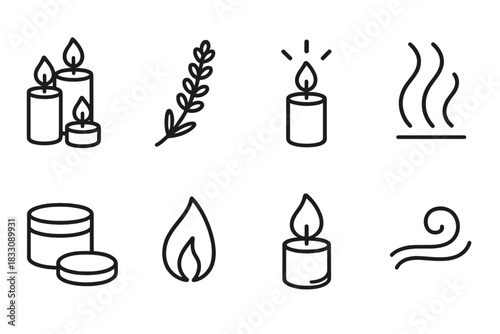 Tranquil Candle Icons. Peaceful Scents linear icon set. candle trio, lavender sprig, gentle light, aroma waves, candle lid, soft flame, cozy glow, tranquil air