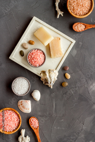 Wallpaper Mural Set of body care cosmetics products with essential oil scrubs and sea salt, top view. Aromatherapy spa products Torontodigital.ca