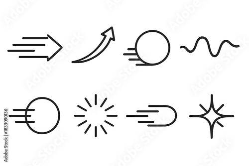 Dynamic Icon Set. General Momentum linear icon set: forward streak, rising arrow, rolling circle, motion wave, energy pulse, dynamic line, steady push icon, momentum spark