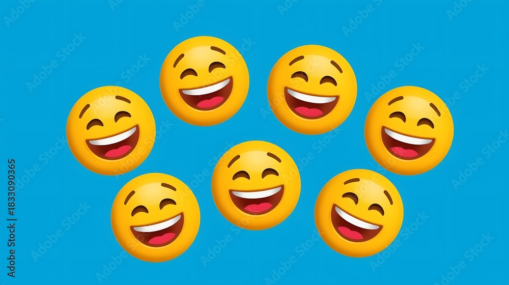 Fototapeta premium A collection of cheerful yellow emojis with big smiles, floating on a vibrant, solid blue background.