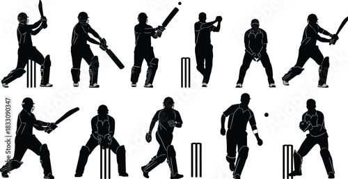 Cricket players in various actions batting bowling and fielding silhouettes sport