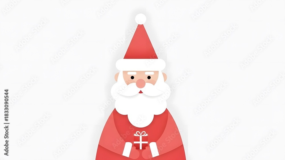 Obraz premium Minimalist Santa Claus Holding Tiny Gift in Soft Red and White – Modern Flat Holiday Illustration