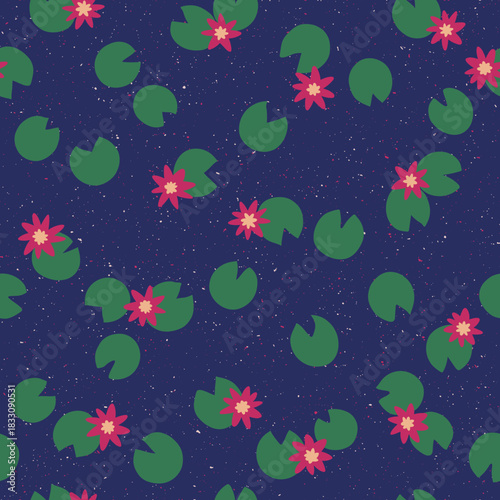 Water Lilies. Pattern with lotus and lilies on dark blue background